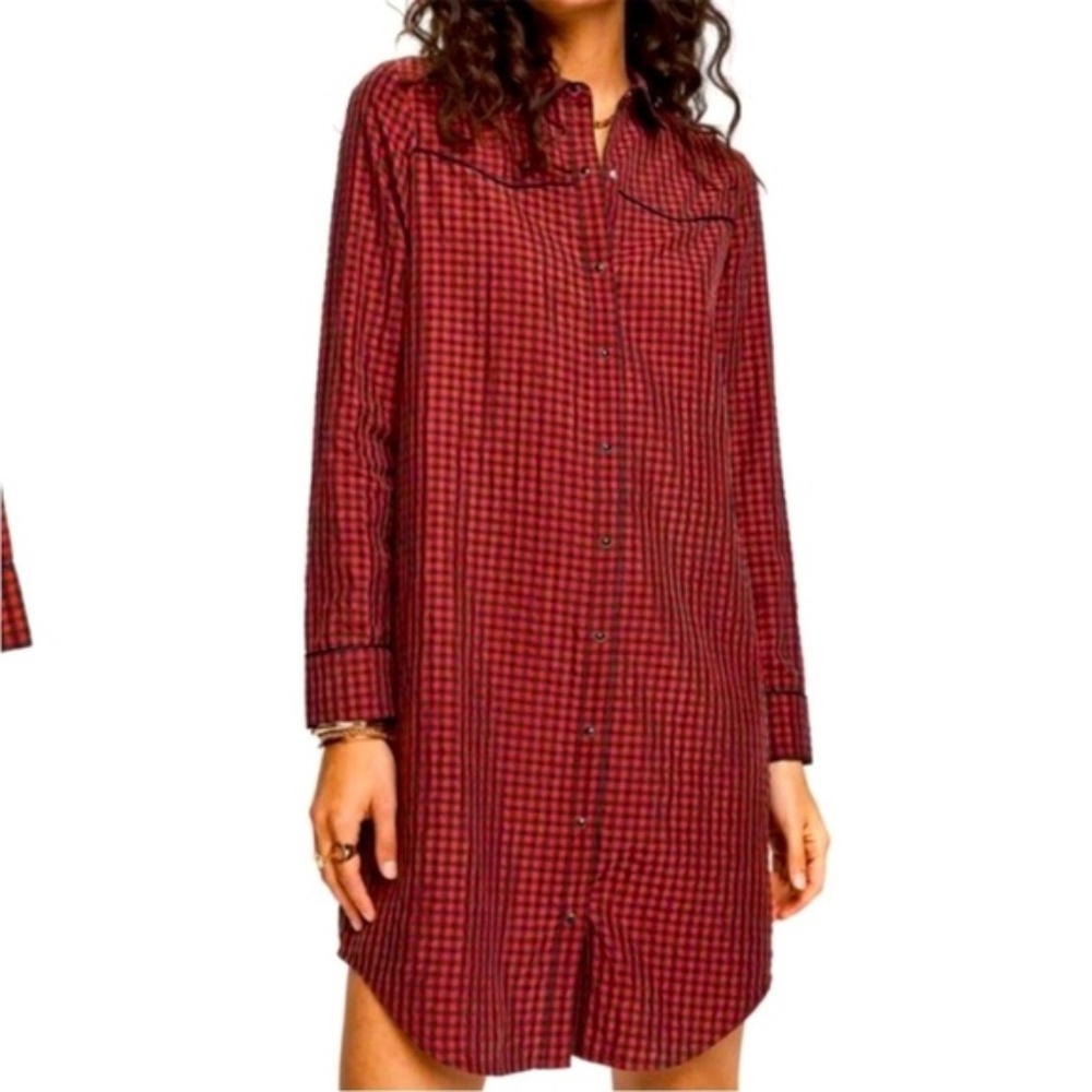 Scotch & Soda Gingham Plaid Pearl Snap Western Shirt Dress Red Black Western